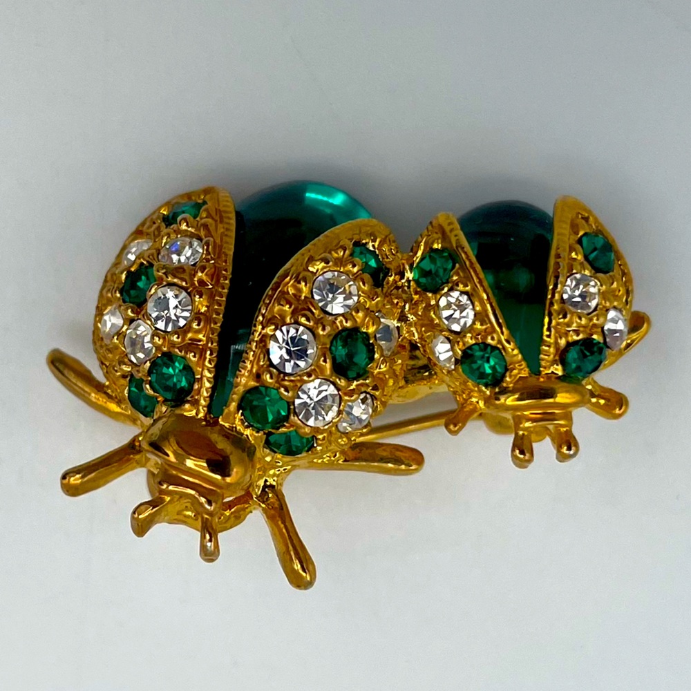 Vintage Gold and Green Beetles Brooch Green Glass Torso & Rhinestones on Wings